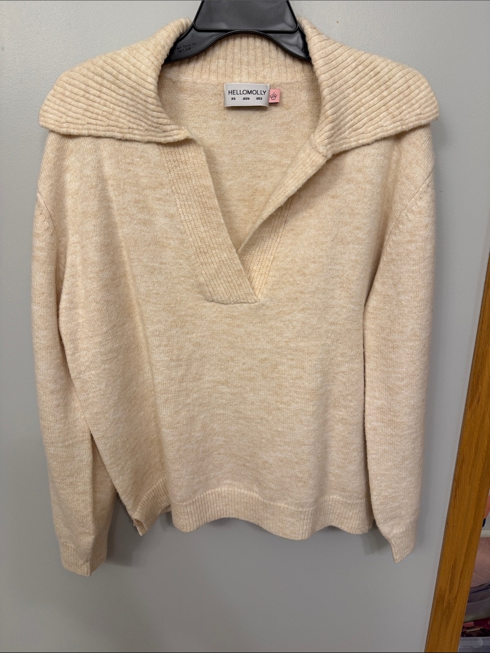Hello Molly Beige/Cream Oversized Ribbed Collar V-Neck Sweater